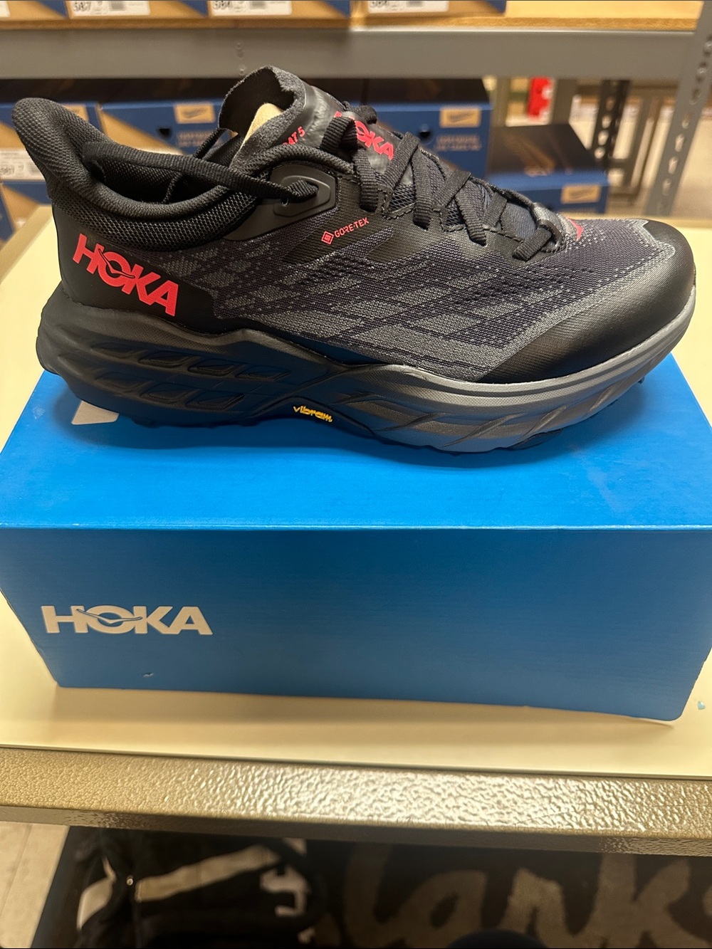 Hoka Womens Speedgoat 5 GTX Spike Black Trail Running Shoe with Pink Logo